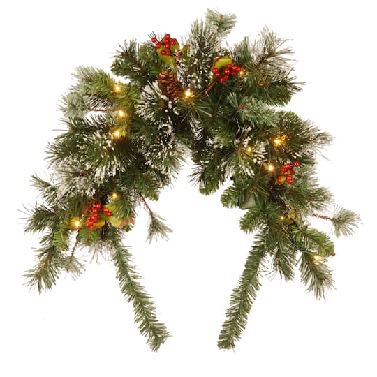 3Ft Pre-lit Wintry Pine® Collection Artificial Christmas Mailbox Swag W/ Red Berries, , Snowflakes W/ 15 Battery Operated Soft White LED Lights By